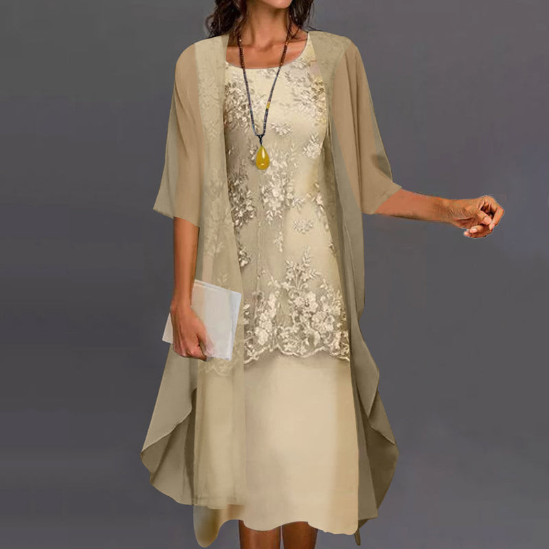Floral Lace Round Neck Chiffon Jacket Two Piece Midi Dress 4