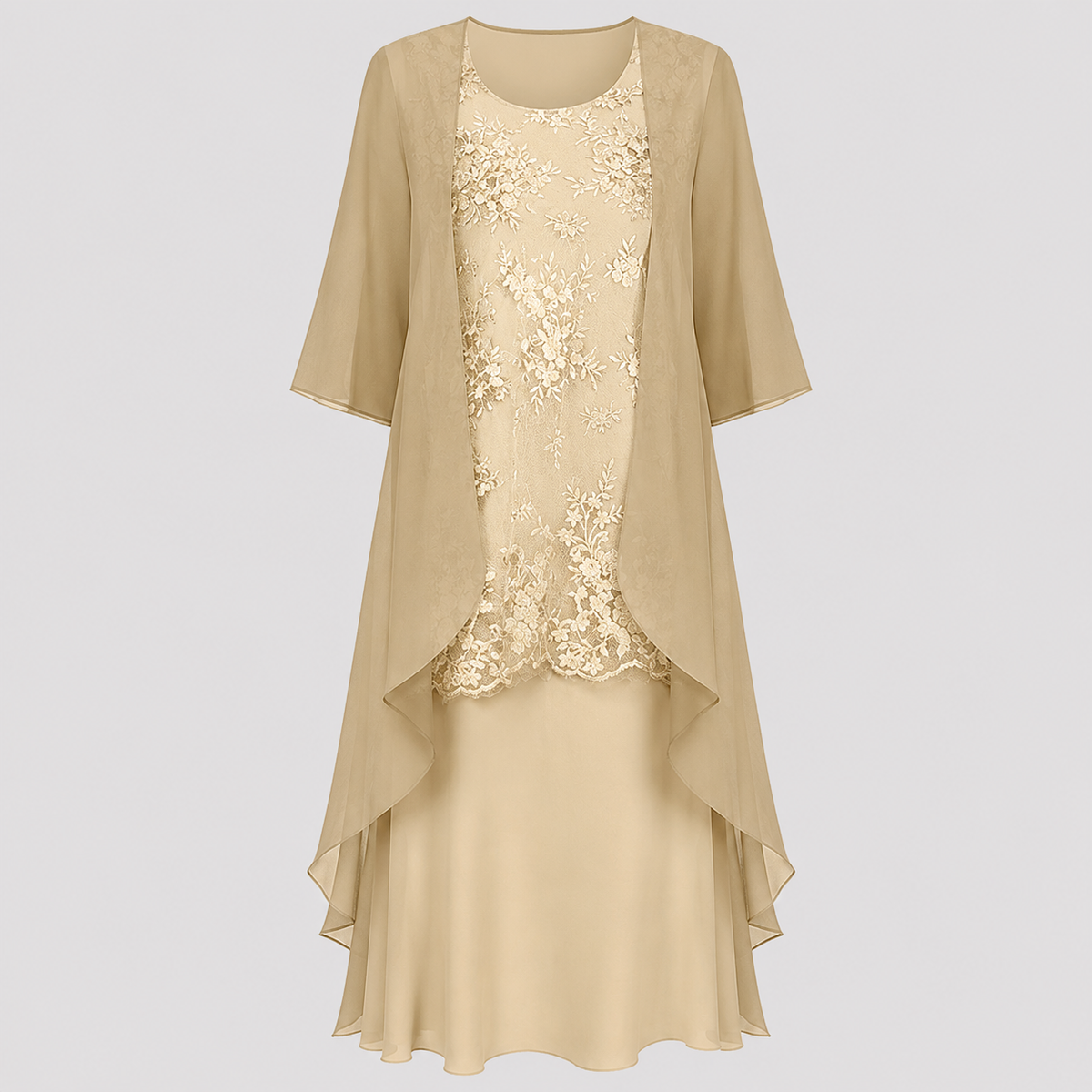 Lace Bodice Chiffon Two Piece Jacket Midi Dress 3