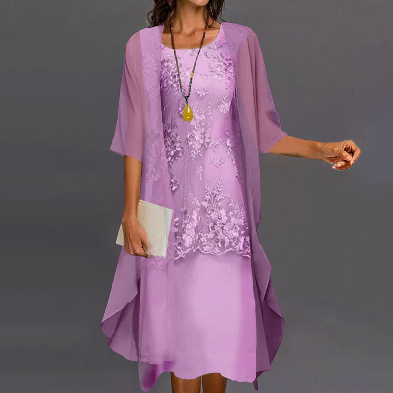 Floral Lace Round Neck Chiffon Jacket Two Piece Midi Dress 6
