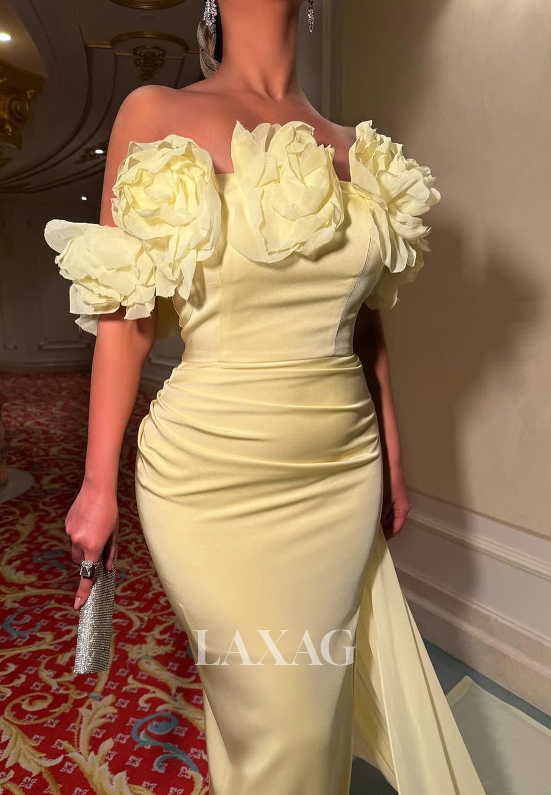 Floral Embellished Tube Top Formal Gowns Sleeveless Floor-Length Satin Evening Dress