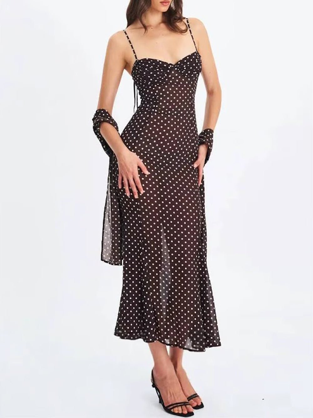 Polka Dot Spaghetti Strap Sweetheart Bias Cut Midi Dress - View 6