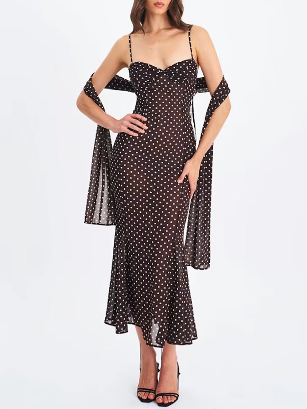 Polka Dot Spaghetti Strap Sweetheart Bias Cut Midi Dress