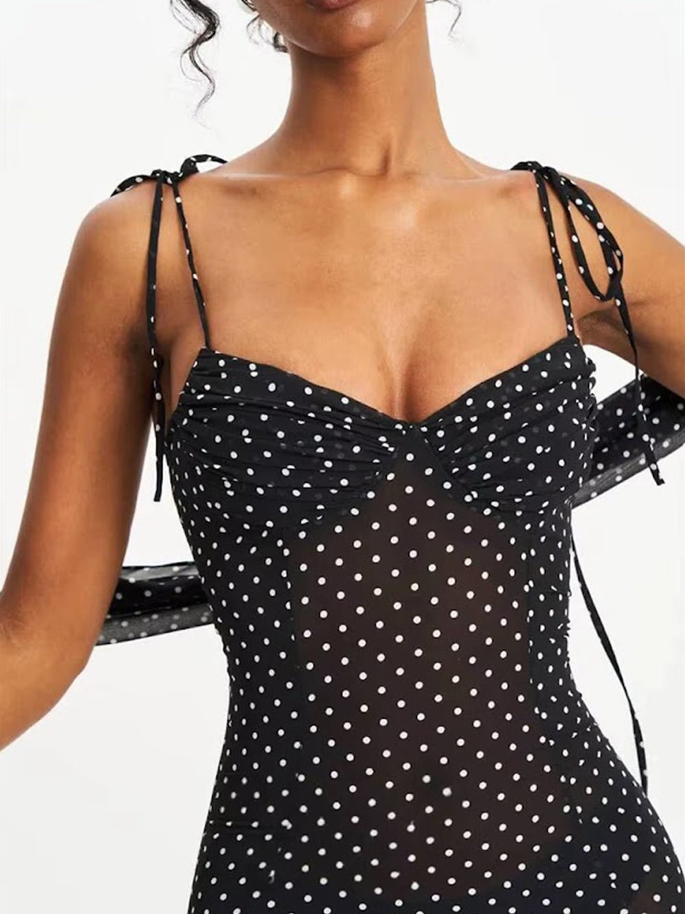 Polka Dot Mesh Sweetheart Tie Strap Mermaid Maxi Dress - View 7