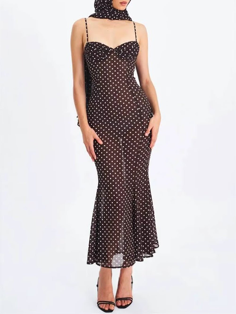 Polka Dot Spaghetti Strap Sweetheart Bias Cut Midi Dress - View 4