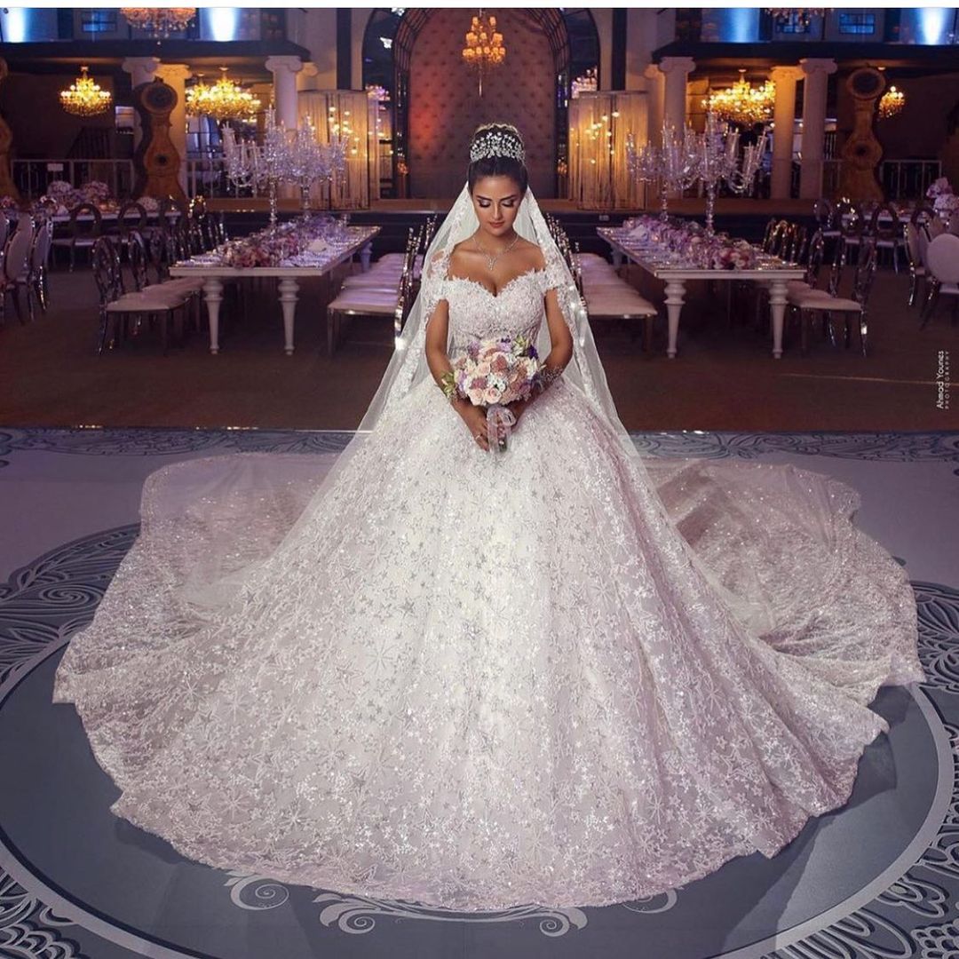 Of-the-Shoulder Wedding Dress Ball Gown With Lace Appliques - Fashionpara