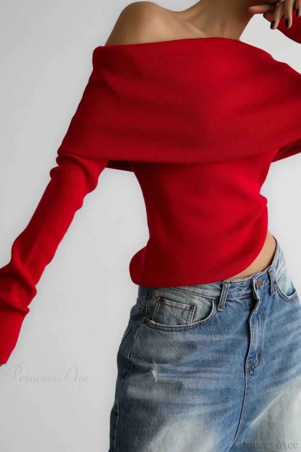 Off-Shoulder Fitted Long-Sleeve Knit Top 2