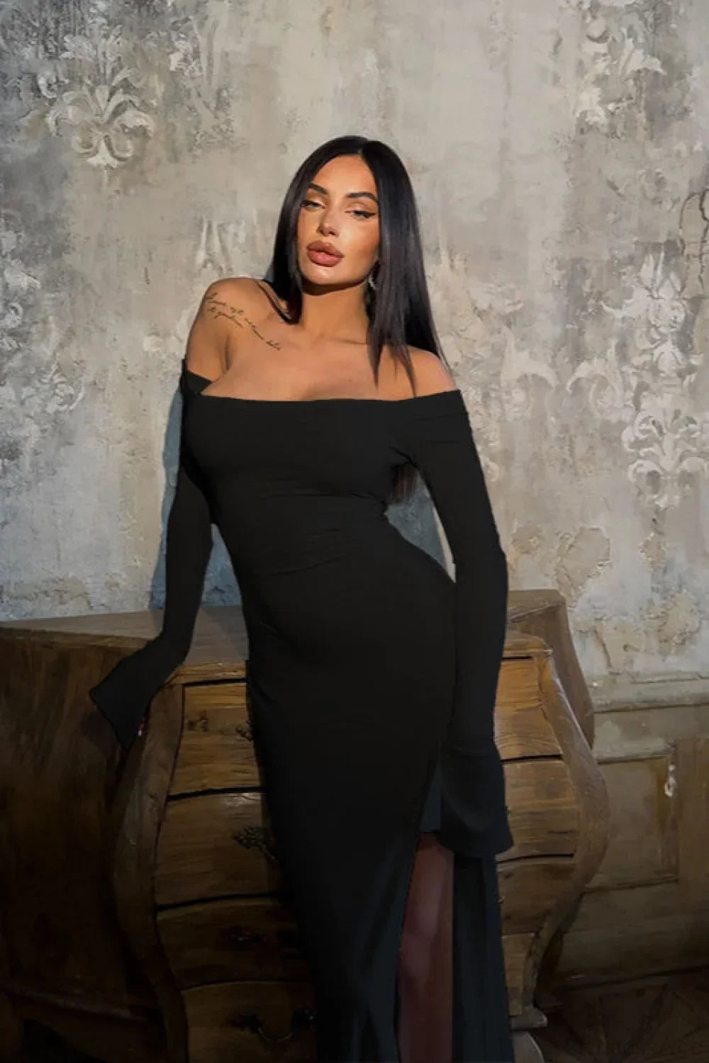 Off Shoulder Long Sleeve High Slit Mermaid Gown 5