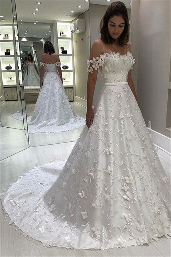 Off-the-Shoulder A-Line Wedding Dress With Appliques - Fashionpara