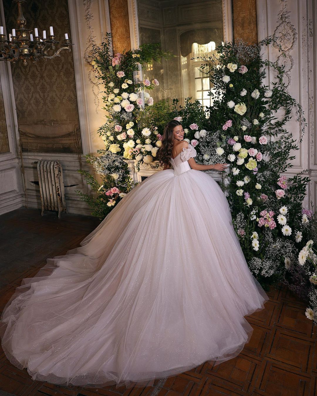 Off-the-Shoulder Ball Gown Tulle Wedding Dress Shinning Sequins - Fashionpara