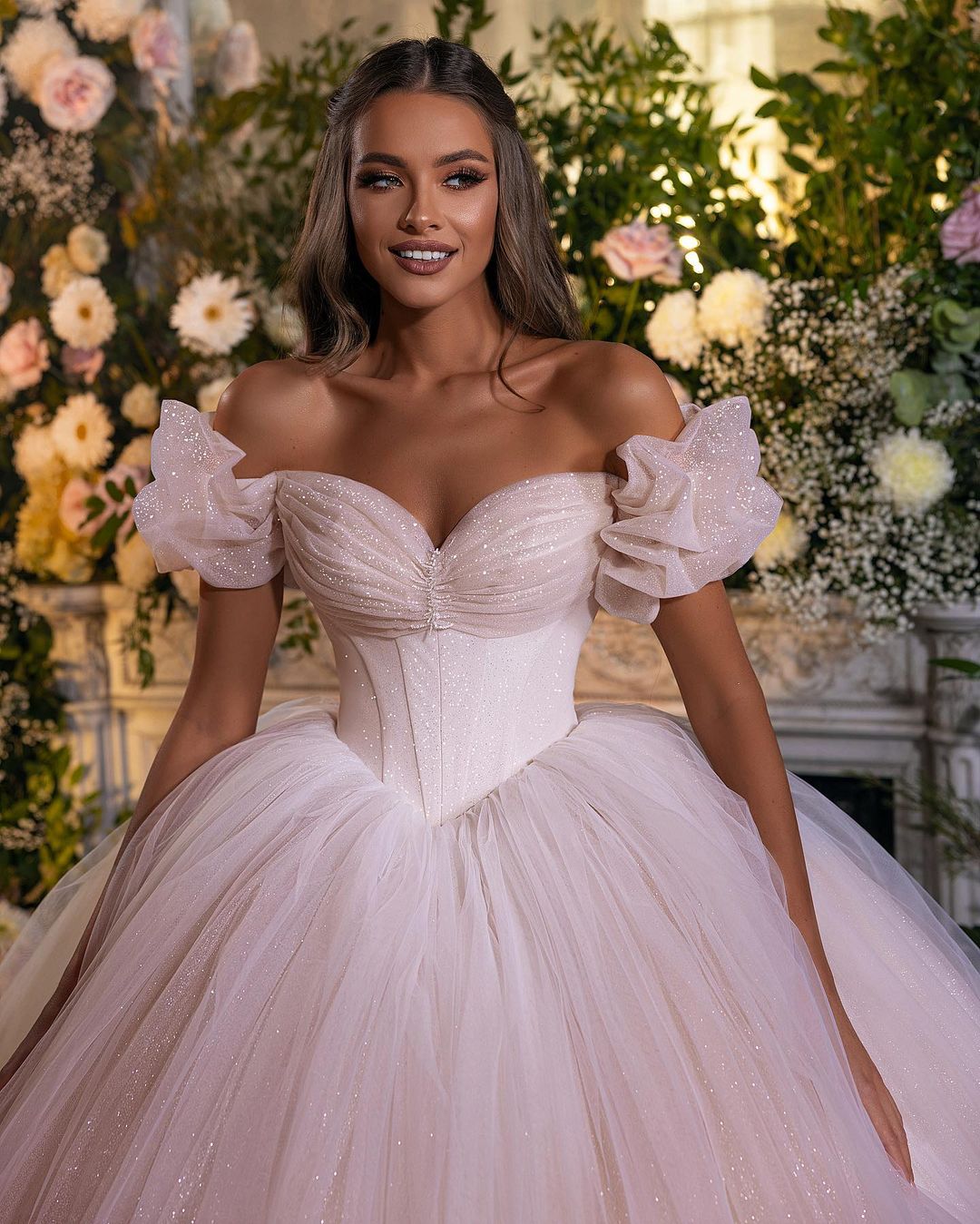 Off-the-Shoulder Ball Gown Tulle Wedding Dress Shinning Sequins - Fashionpara
