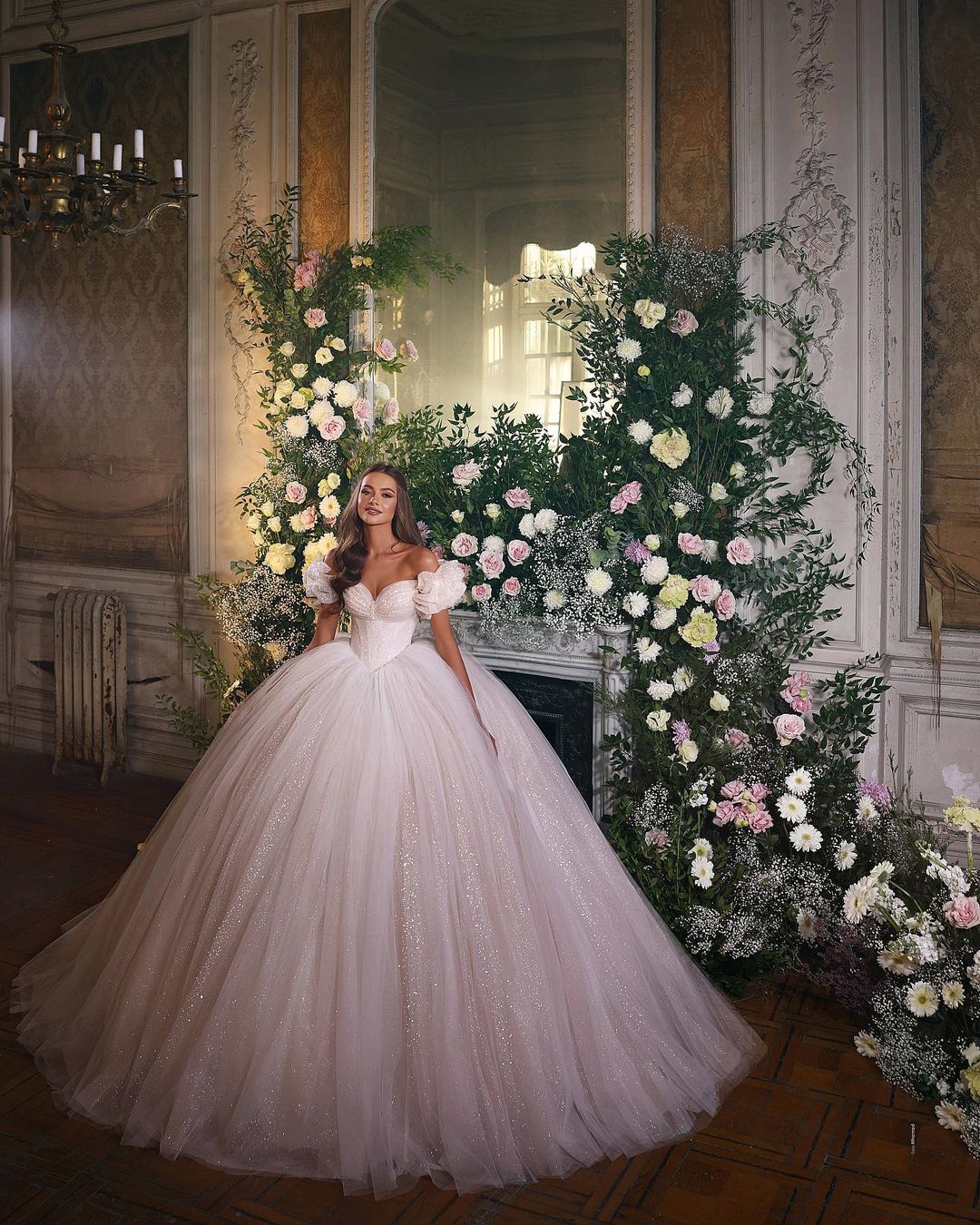 Off-the-Shoulder Ball Gown Tulle Wedding Dress Shinning Sequins - Fashionpara