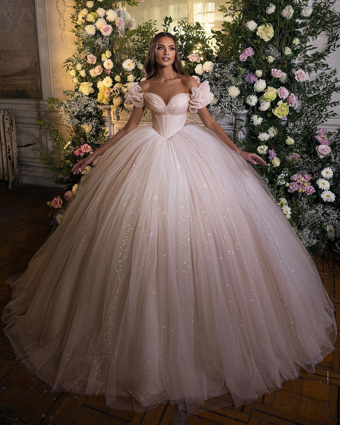 Off-the-Shoulder Ball Gown Tulle Wedding Dress Shinning Sequins - Fashionpara