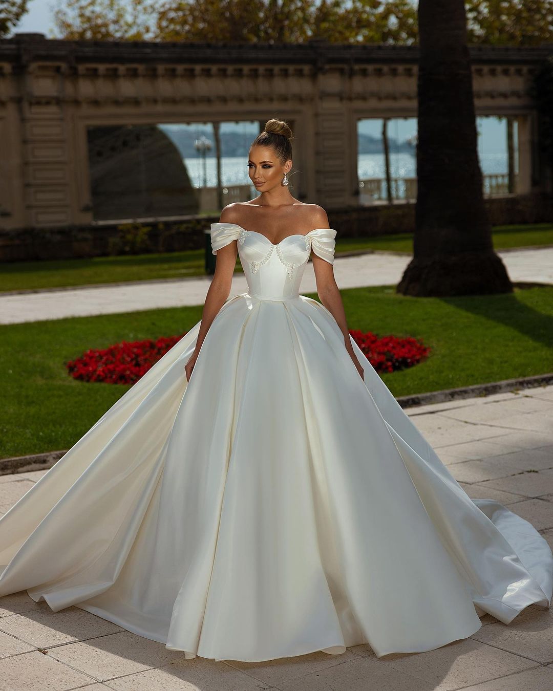 Off-the-Shoulder Ball Gown Wedding Dress Satin - Fashionpara