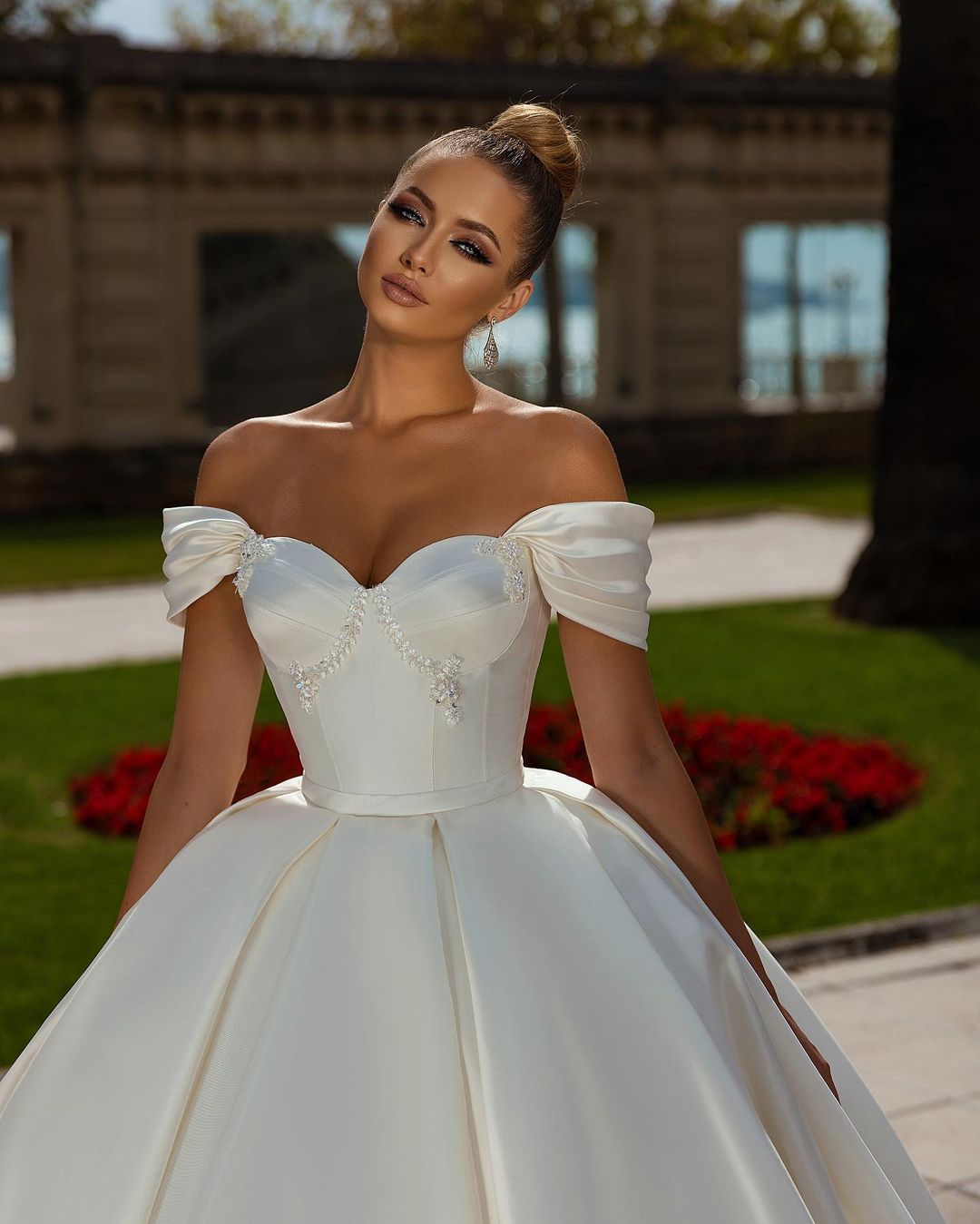 Off-the-Shoulder Ball Gown Wedding Dress Satin - Fashionpara