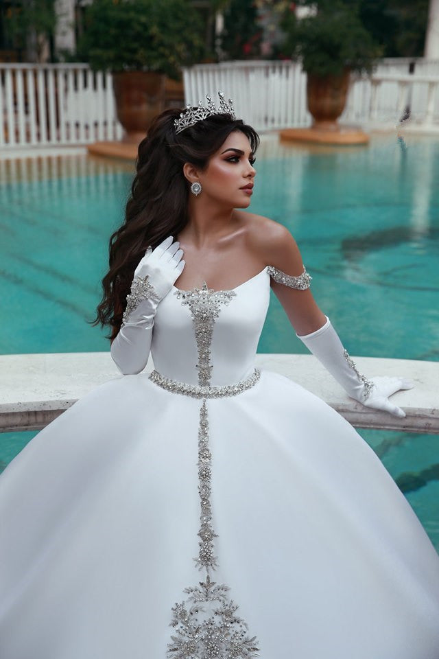 Off-the-Shoulder Ball Gown Wedding Dress With Beads - Fashionpara
