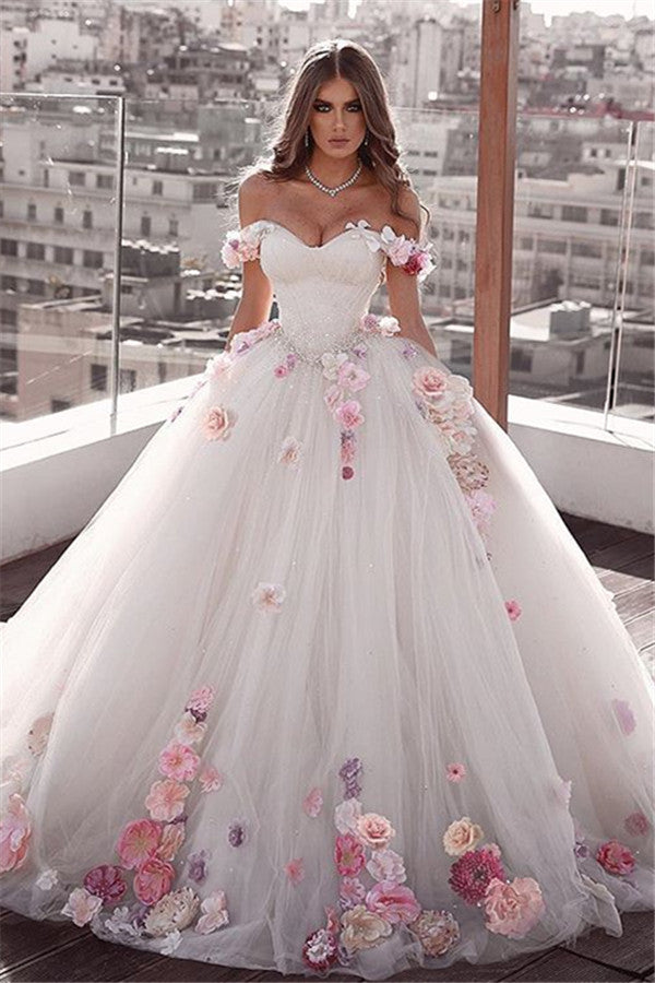 Off-the-Shoulder Ball Gown Wedding Dress With Flowers - Fashionpara