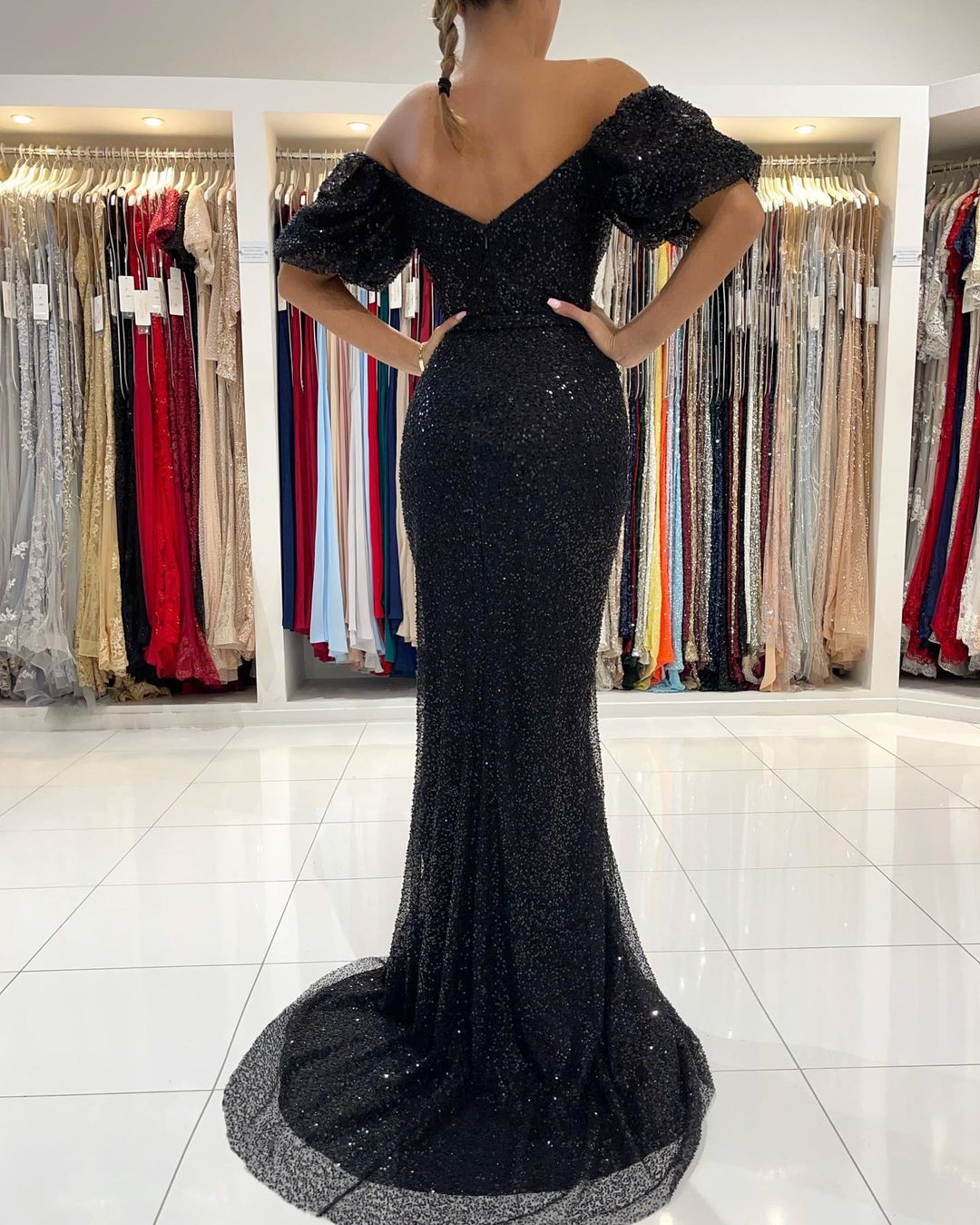 Off-the-Shoulder Black Sequins Prom Dress Mermaid With Split - Fashionpara