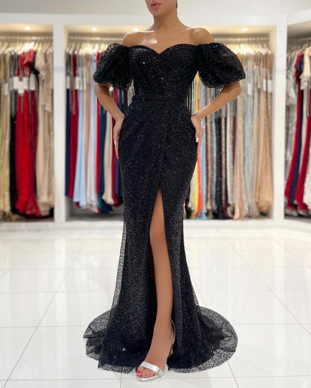 Off-the-Shoulder Black Sequins Prom Dress Mermaid With Split - Fashionpara