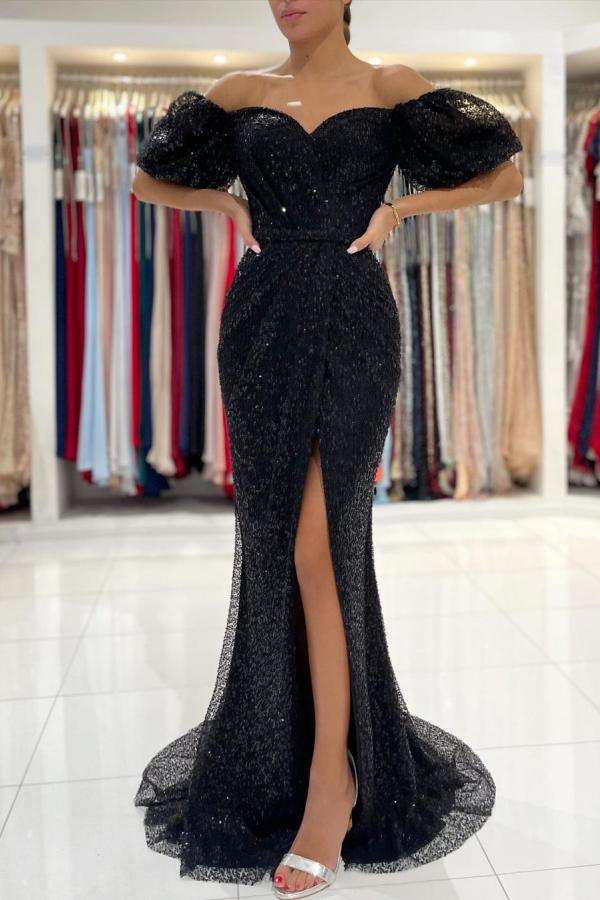 Off-the-Shoulder Black Sequins Prom Dress Mermaid With Split - Fashionpara
