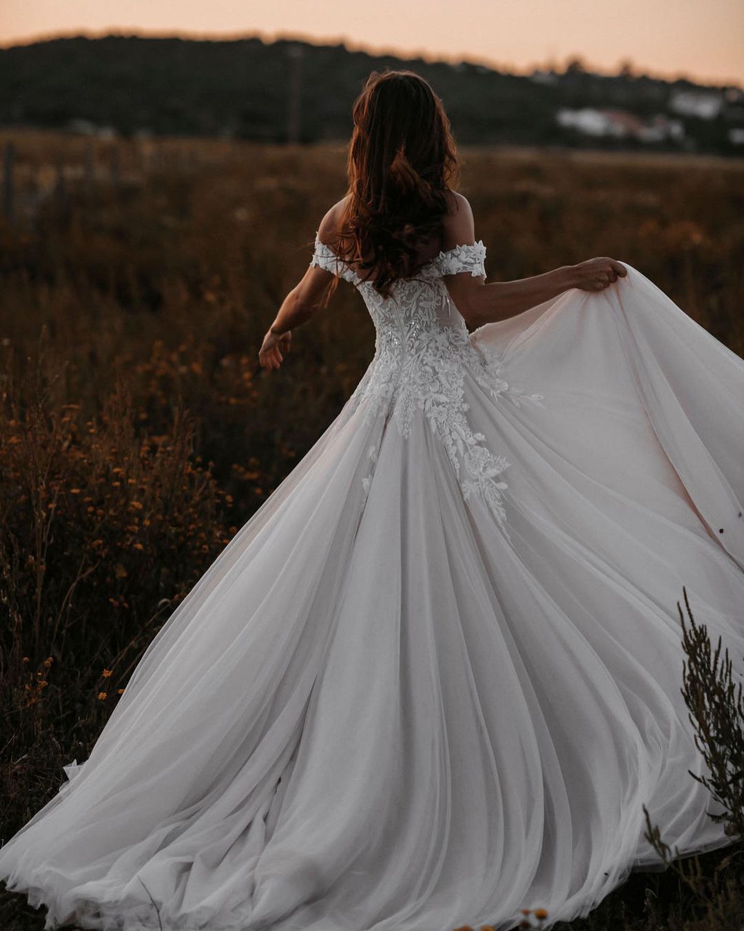 Off-the-Shoulder Boho Wedding Dress Tulle With Lace Appliques - Fashionpara