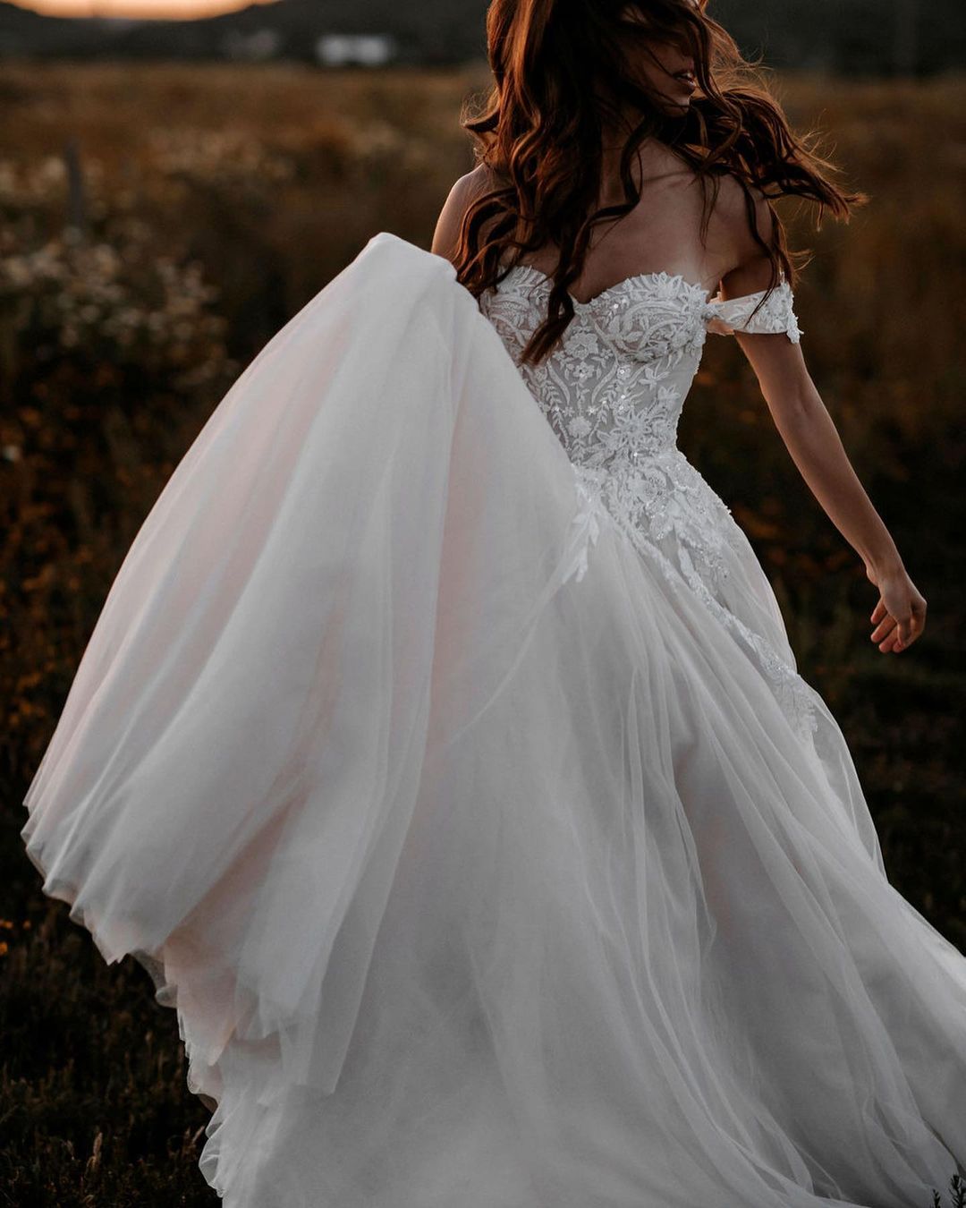 Off-the-Shoulder Boho Wedding Dress Tulle With Lace Appliques - Fashionpara