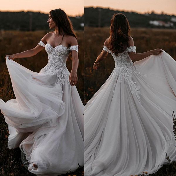 Off-the-Shoulder Boho Wedding Dress Tulle With Lace Appliques - Fashionpara