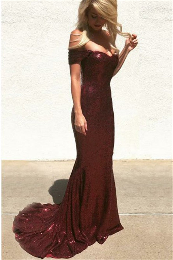 off-the-Shoulder Burgundy Sequins Prom Dress Mermaid - Fashionpara