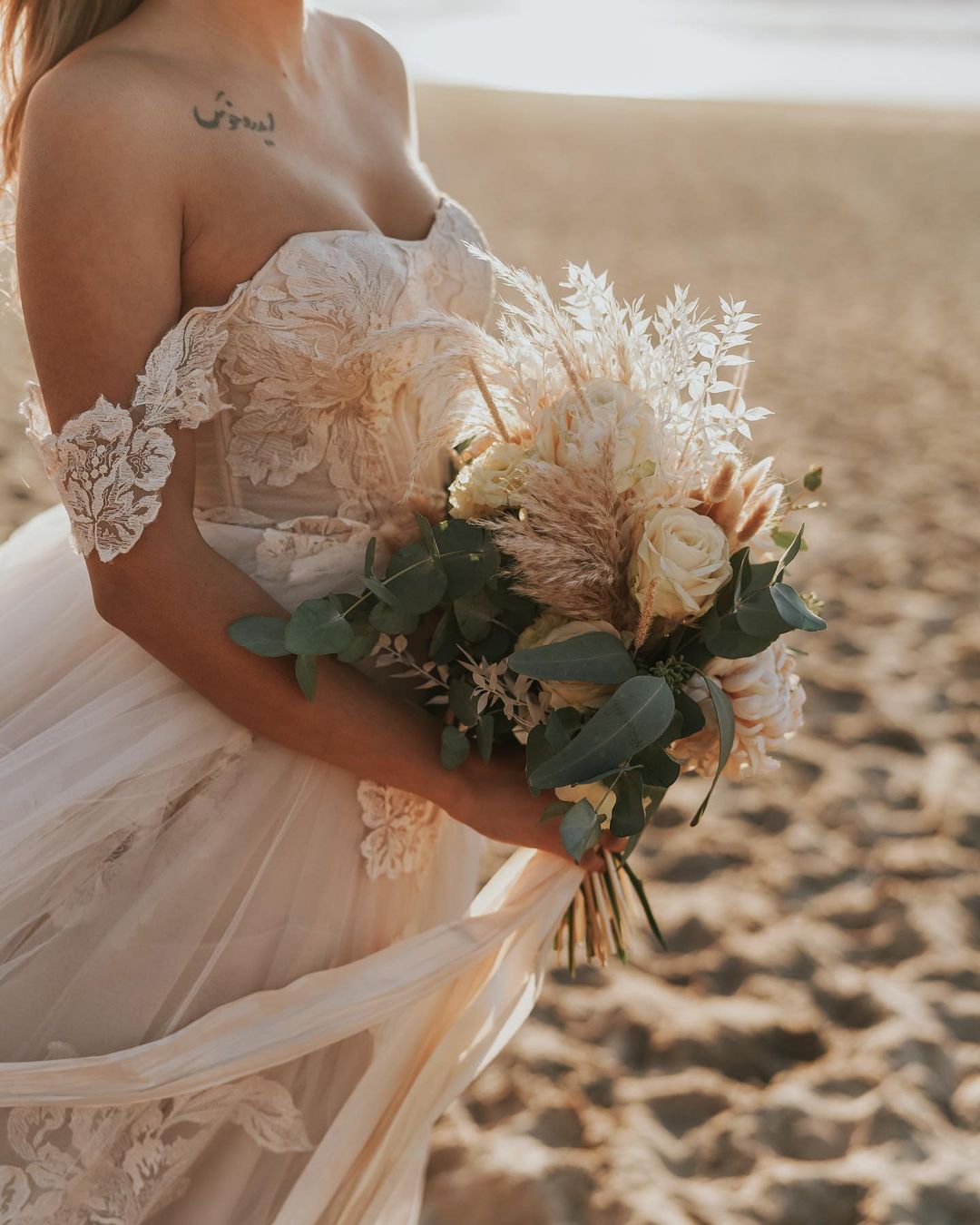 Off-the-Shoulder Champagne Beach Wedding Dress Lace Tulle Long - Fashionpara