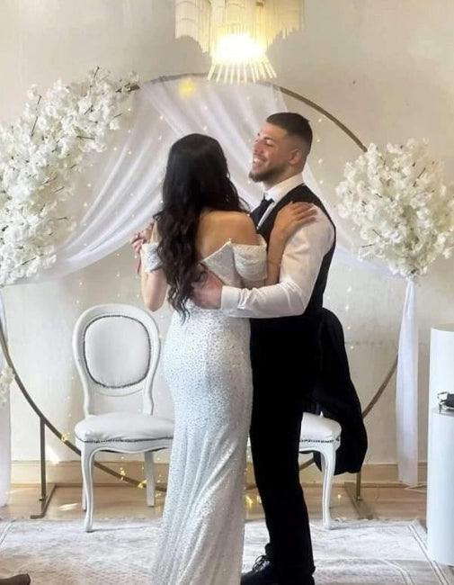 Off-the-Shoulder Chapel Sequined Floor-Length Wedding Gown - Fashionpara