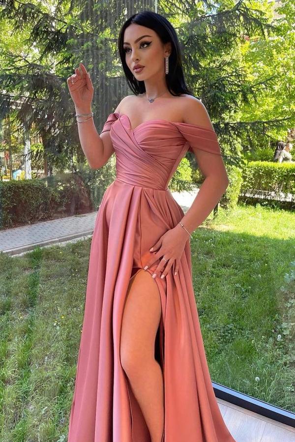 Off-the-Shoulder Long Prom Dress With Slit - Fashionpara
