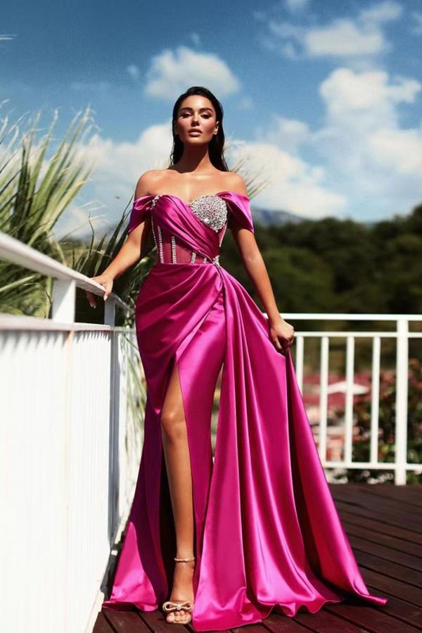 Off-the-Shoulder Long Prom Dresses Slit With Beads - Fashionpara