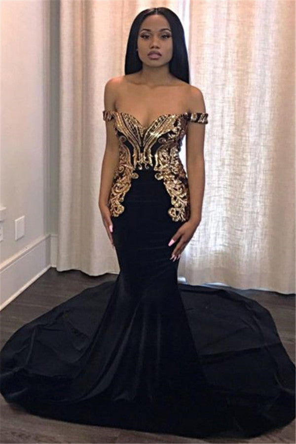 Off-the-Shoulder Mermaid Black Prom Dress With Gold Appliques - Fashionpara