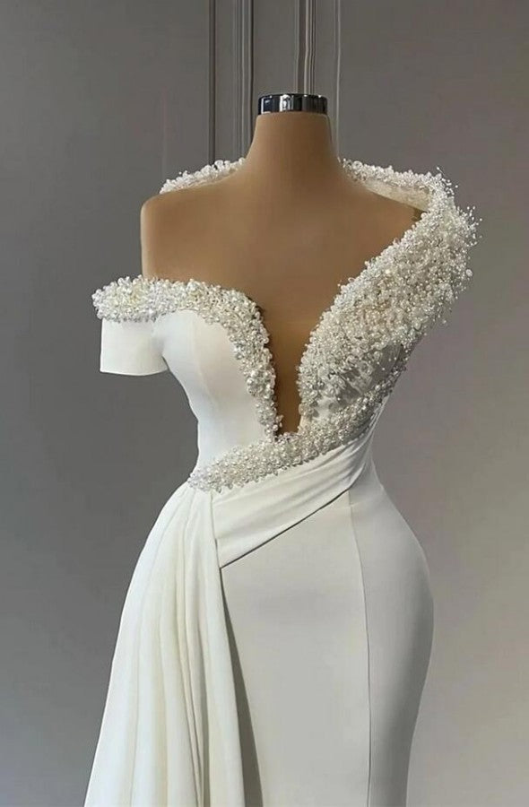 Off-the-Shoulder Mermaid Evening Dress Ruffle With Pearls - Fashionpara