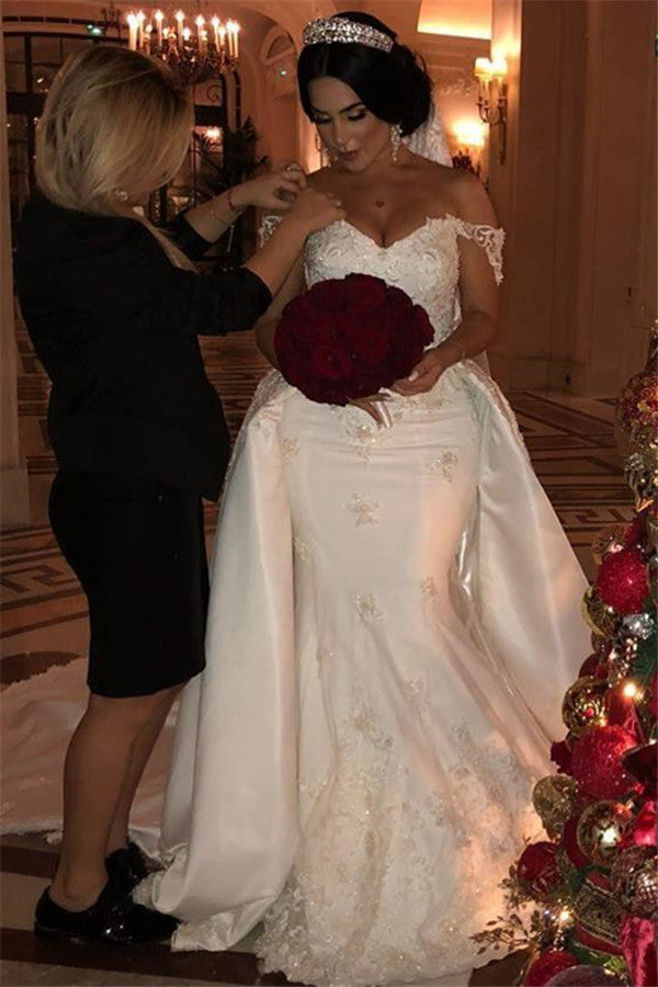 Off-the-Shoulder Mermaid Wedding Dress Overskirt Lace Bridal Gown - Fashionpara