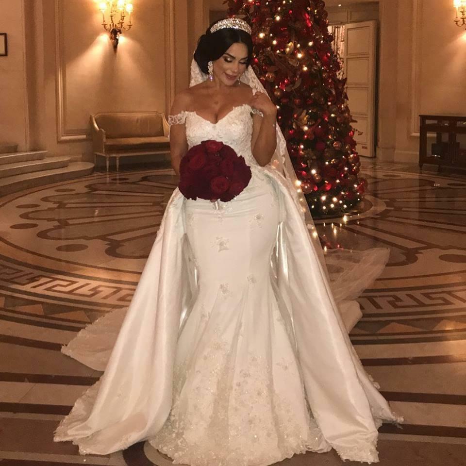 Off-the-Shoulder Mermaid Wedding Dress Overskirt Lace Bridal Gown - Fashionpara