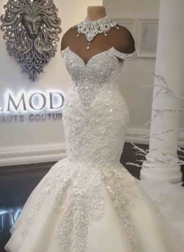 Off-the-Shoulder Mermaid Wedding Dress With Appliques Beads - Fashionpara