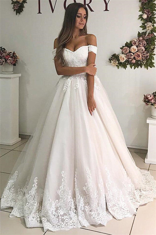 Off-the-Shoulder Princess Lace Wedding Dress - Fashionpara