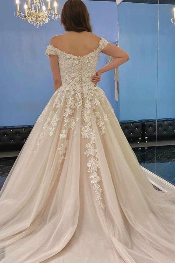 Off-the-Shoulder Princess Wedding Dress Champagne With Lace Appliques - Fashionpara