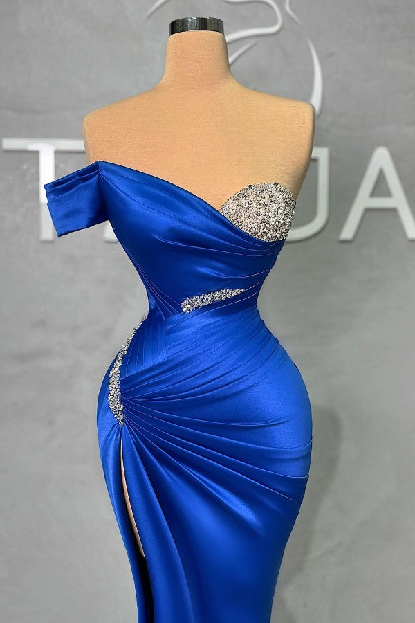 Off-the-Shoulder Royal Blue Prom Dress Mermaid With Beads - Fashionpara