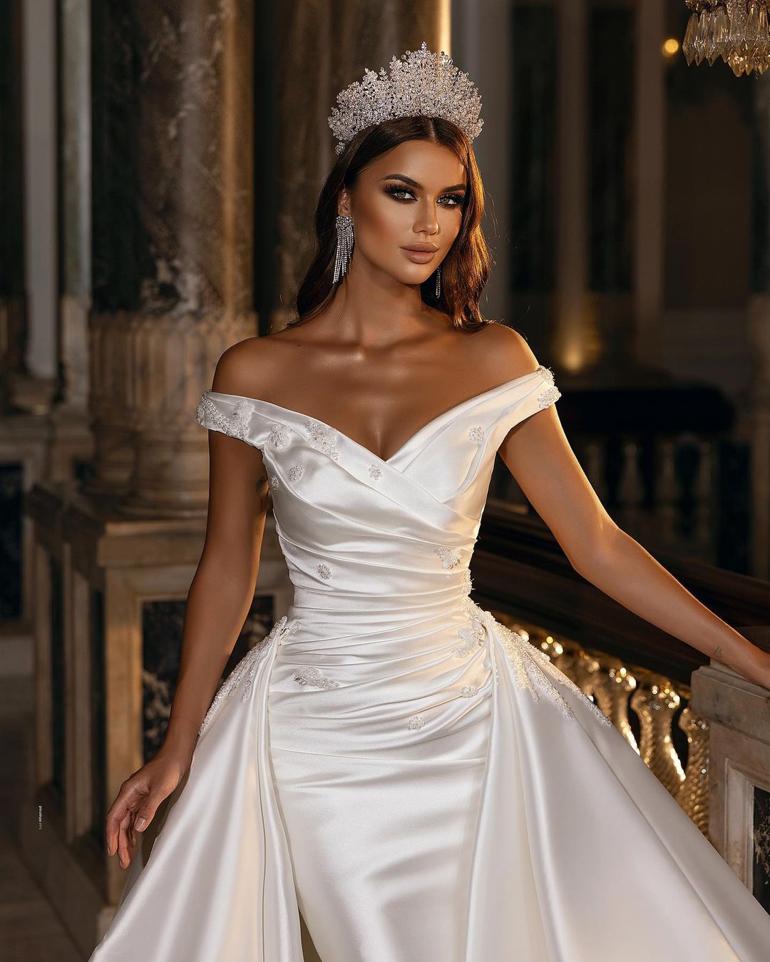 Off-the-Shoulder Satin Wedding Dress Mermaid Long - Fashionpara