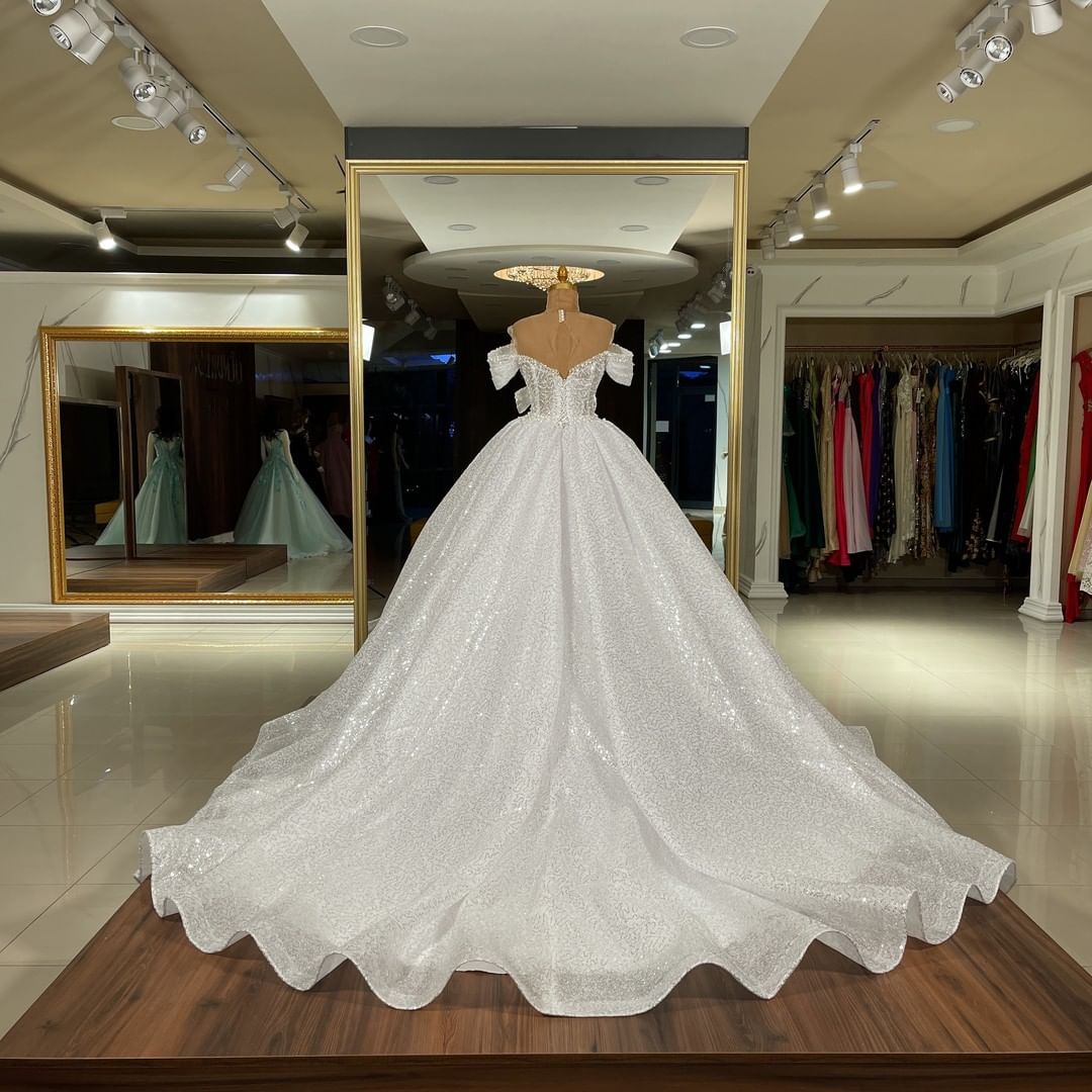 Off-the-Shoulder Sequins Ball Gown Wedding Dress - Fashionpara
