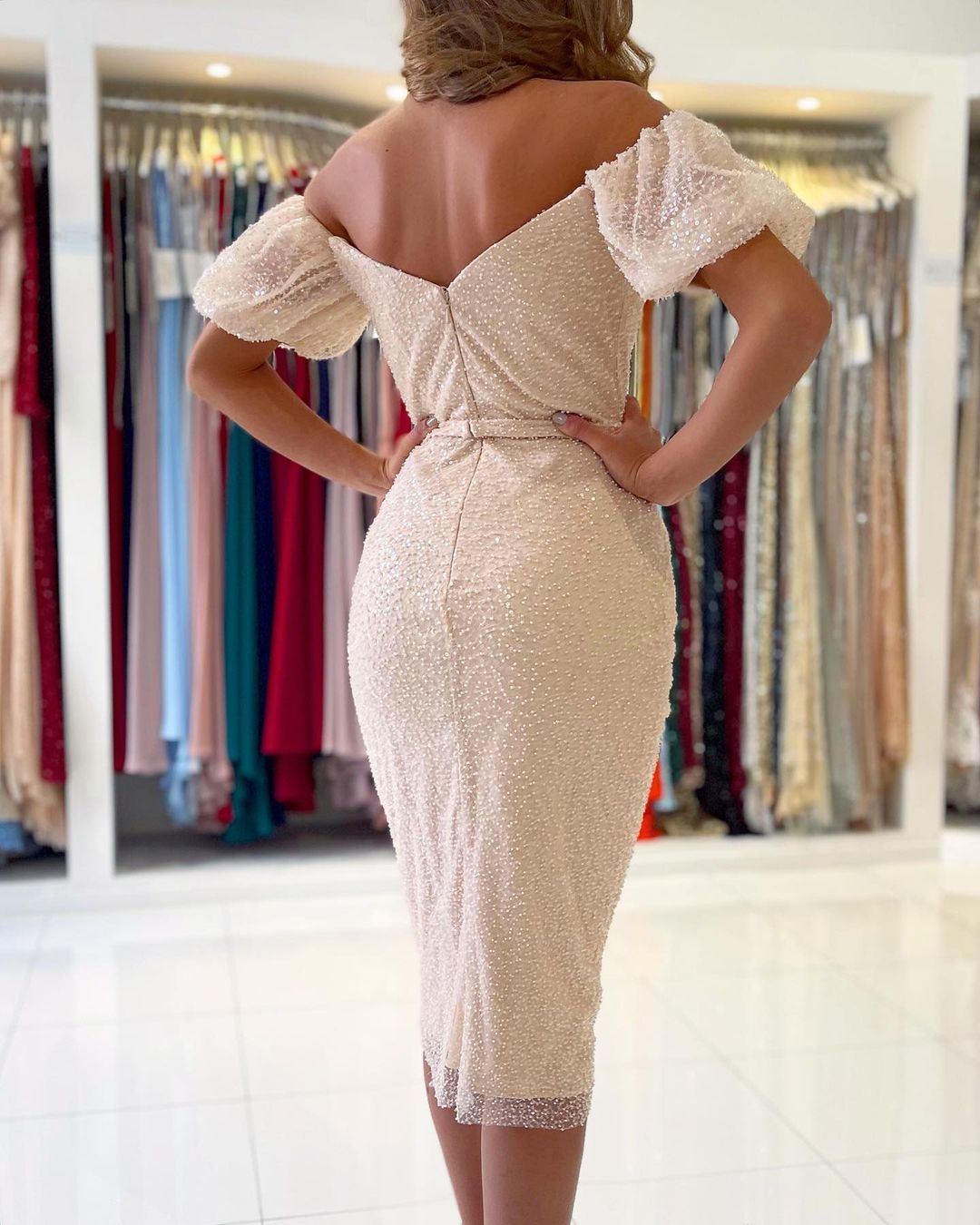 Off-the-Shoulder Sequins Prom Dress Short Sleeves Knee-Length - Fashionpara