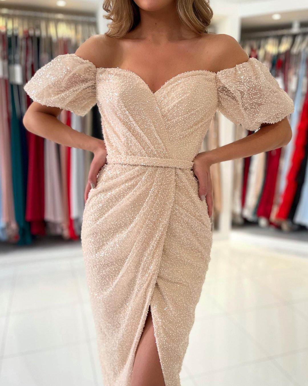 Off-the-Shoulder Sequins Prom Dress Short Sleeves Knee-Length - Fashionpara