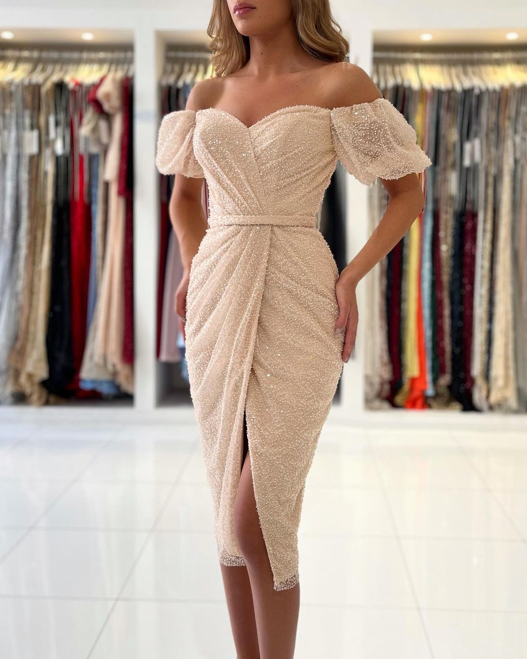 Off-the-Shoulder Sequins Prom Dress Short Sleeves Knee-Length - Fashionpara