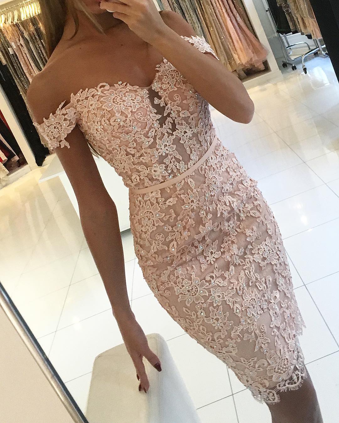 Off-the-Shoulder Sheath Prom Dress Knee-Length With Appliques - Fashionpara