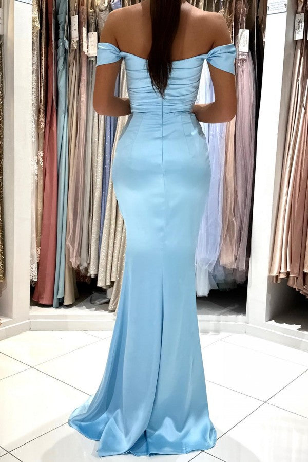 Off-the-Shoulder Sky Blue Prom Dress Mermaid Long With Slit - Fashionpara