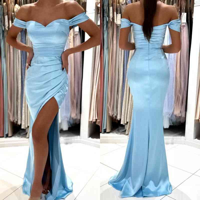 Off-the-Shoulder Sky Blue Prom Dress Mermaid Long With Slit - Fashionpara
