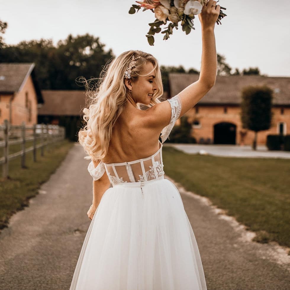 Off-the-Shoulder Tulle Wedding Dress Boho Lace Long - Fashionpara
