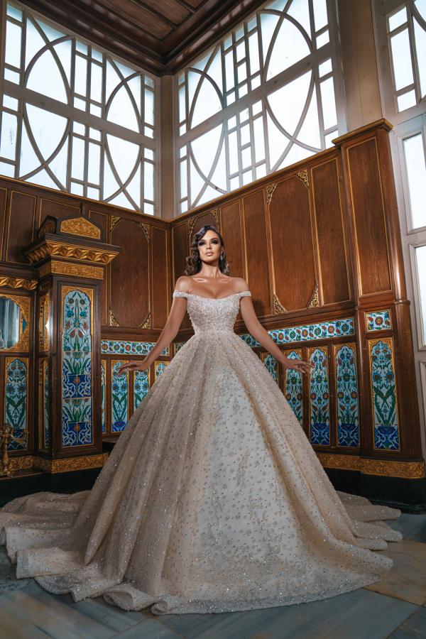 Off-the-Shoulder Wedding Dress Beadings With Split Overskirt - Fashionpara
