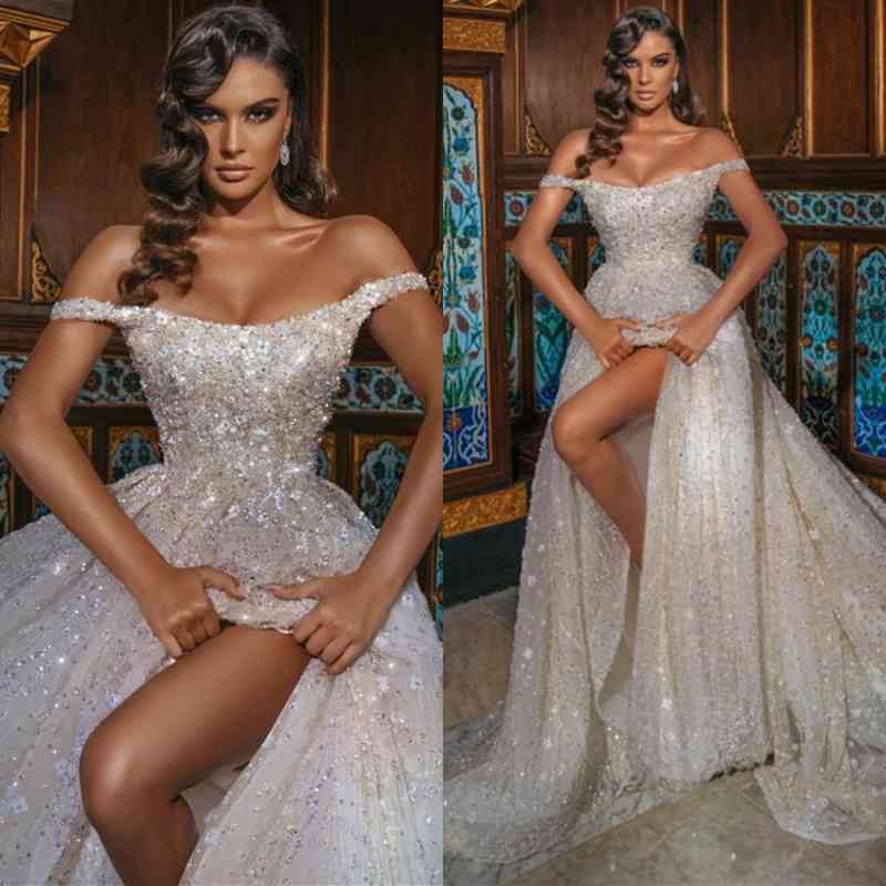 Off-the-Shoulder Wedding Dress Beadings With Split Overskirt - Fashionpara
